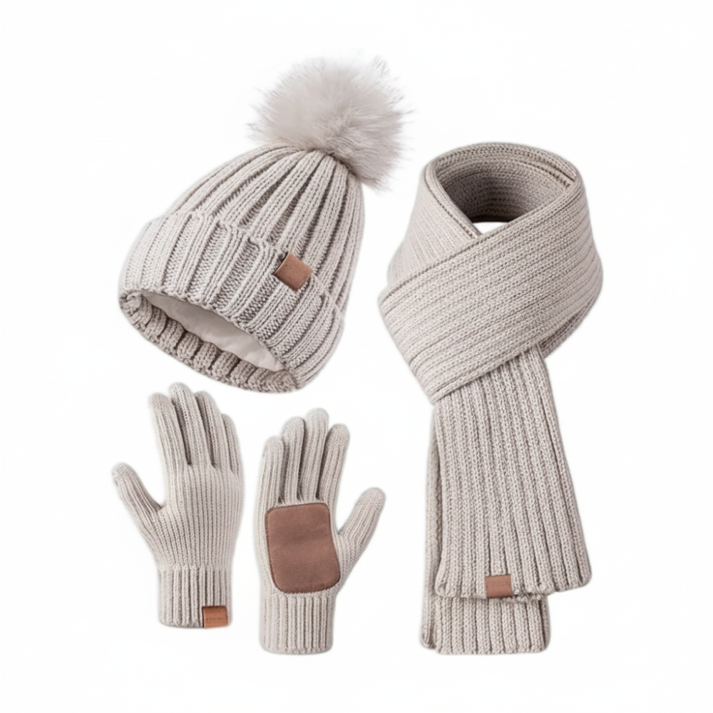 Gemütliches Strickmützen-, Schal- und Touchscreen-Handschuh-Set für den Winter | Temsk