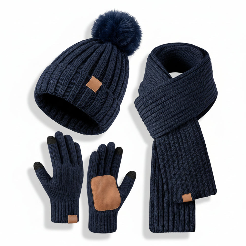 Gemütliches Strickmützen-, Schal- und Touchscreen-Handschuh-Set für den Winter | Temsk