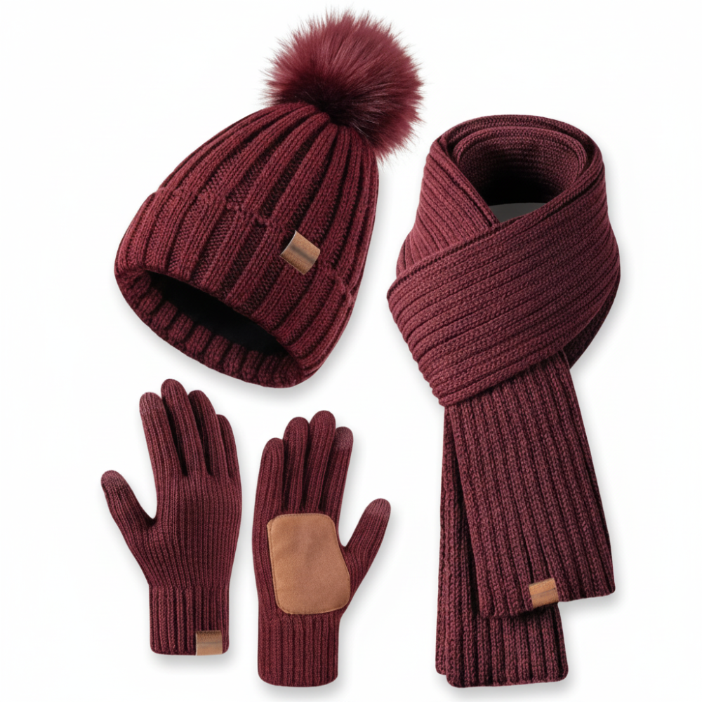 Gemütliches Strickmützen-, Schal- und Touchscreen-Handschuh-Set für den Winter | Temsk