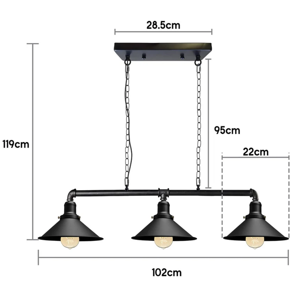 Industriální černá kovová stropní lampa, 3x E27 vintage styl pro jídelnu a kuchyň | Temsk