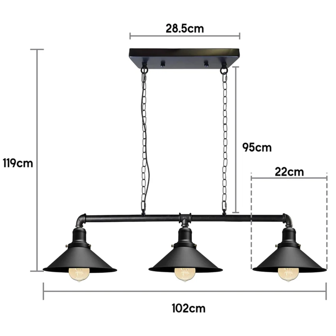Industriální černá kovová stropní lampa, 3x E27 vintage styl pro jídelnu a kuchyň | Temsk