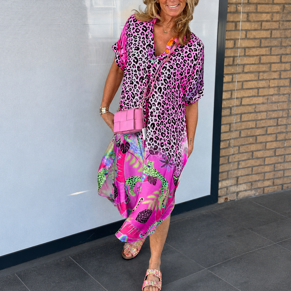 Sommerkleid mit Leopardenmuster und V-Ausschnitt für Damen für Strandurlaube | Temsk