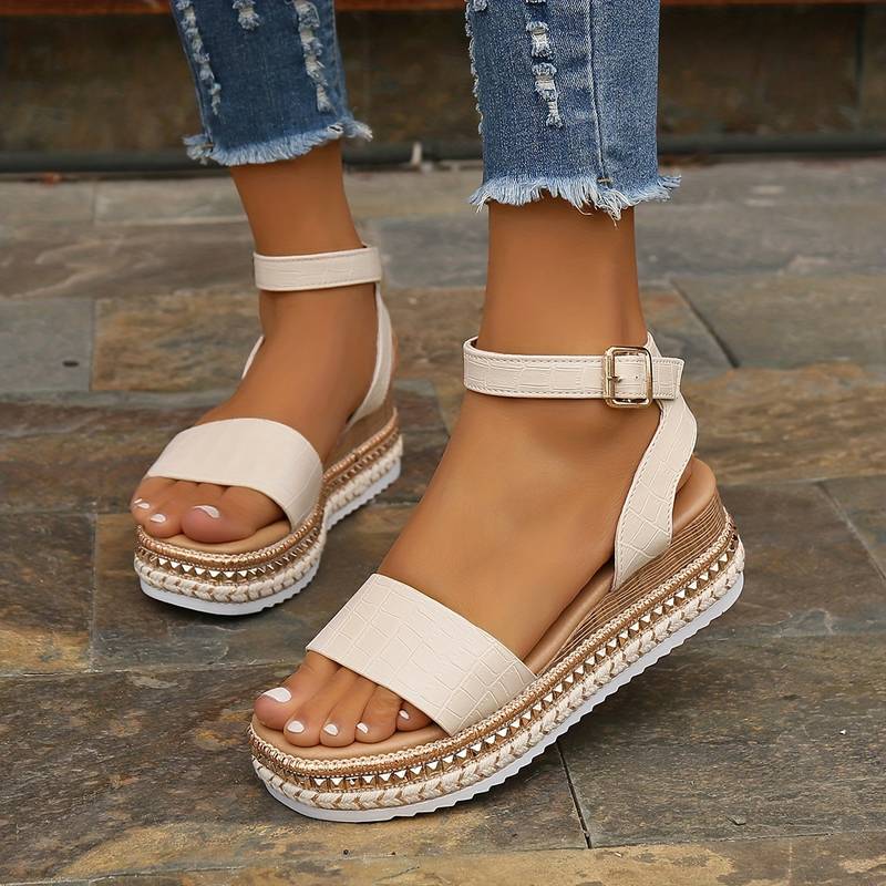 Women's Ankle Strap Platform Sandals With Textured Sole And Size Options | Temsk