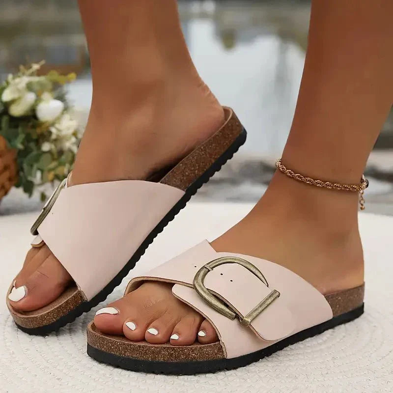 Women's Cork Slip-On Sandals With Wide Buckle Strap for Comfortable Fit | Temsk