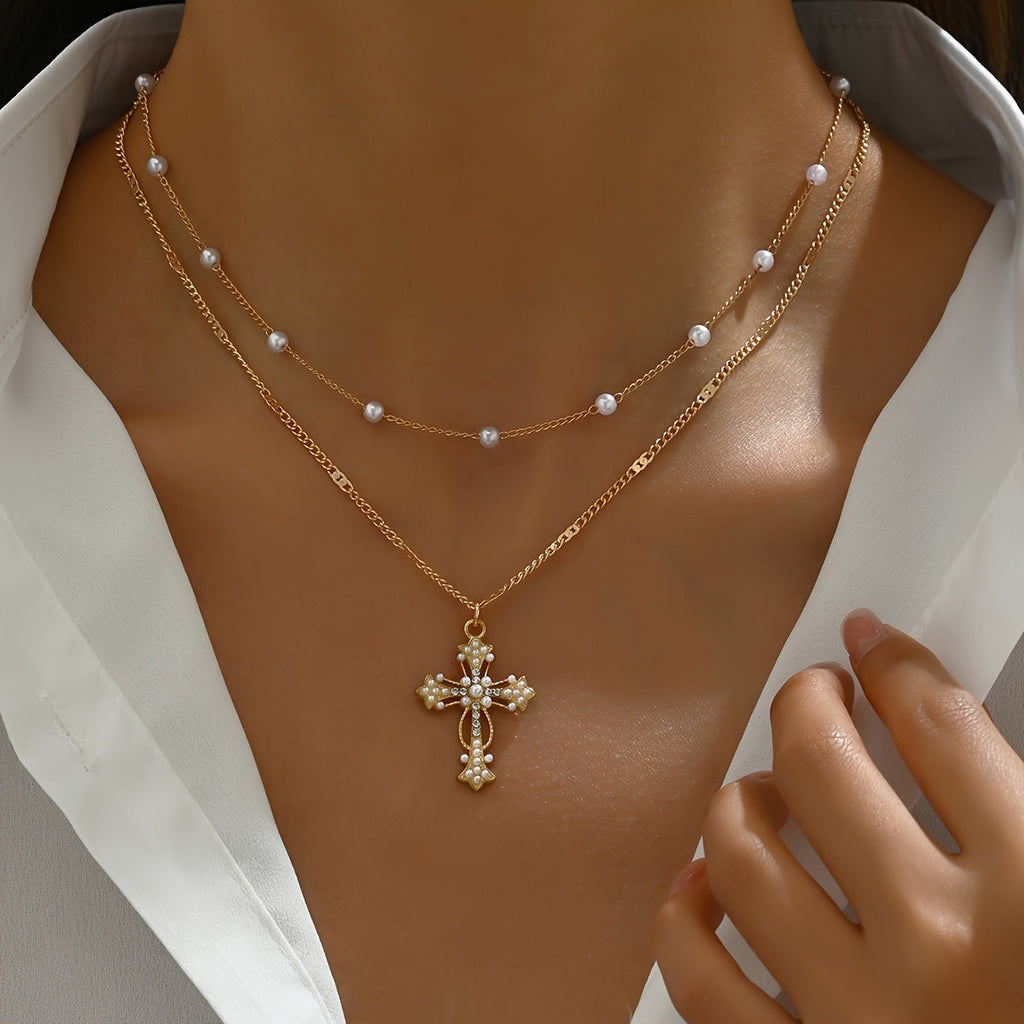 Gold Layered Cross Necklace With Beaded Chain Pendant For Everyday Wear | Temsk