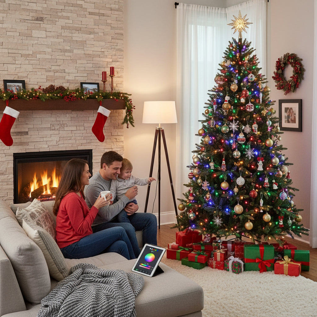 Vorgeschmückter künstlicher Baum mit Weihnachtsbeleuchtung | Temsk