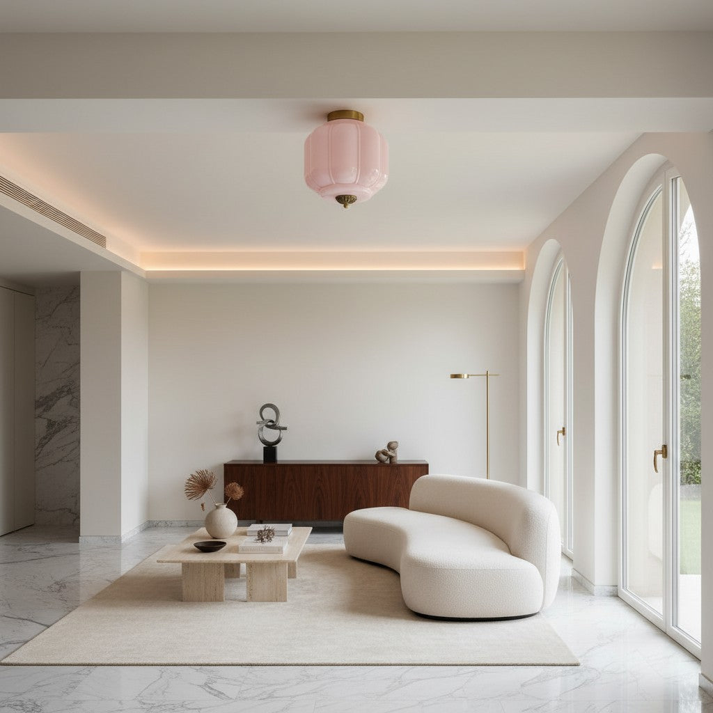 Milk Glass Ceiling Light With Glass Shade, Modern Flush Mount, Scandinavian Style | Temsk