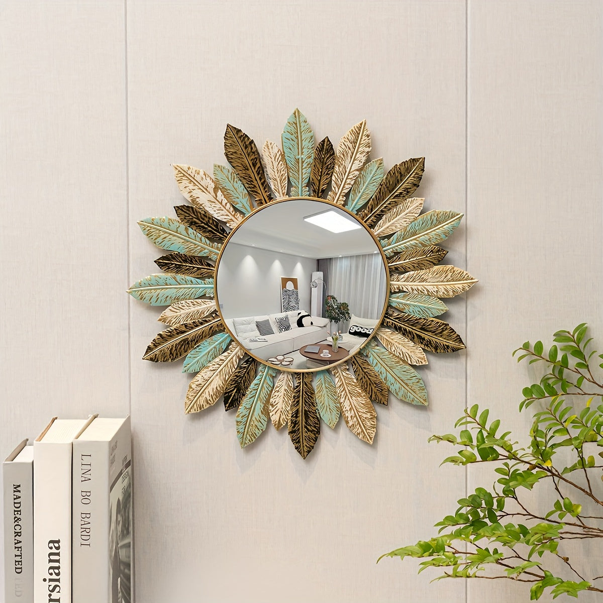 Sonnenstrahl Boho-Wandspiegel mit türkisfarbenen und goldenen Blättern | Temsk