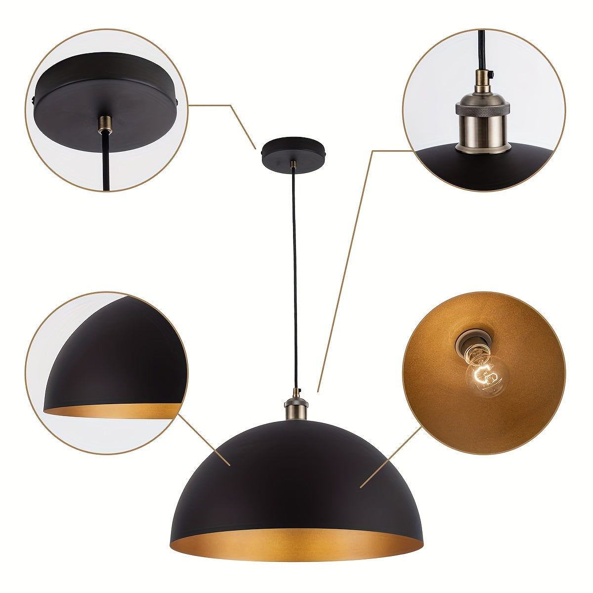Industrielle schwarze Außenkuppel-Pendelleuchte mit goldener Innenbeschichtung | Temsk