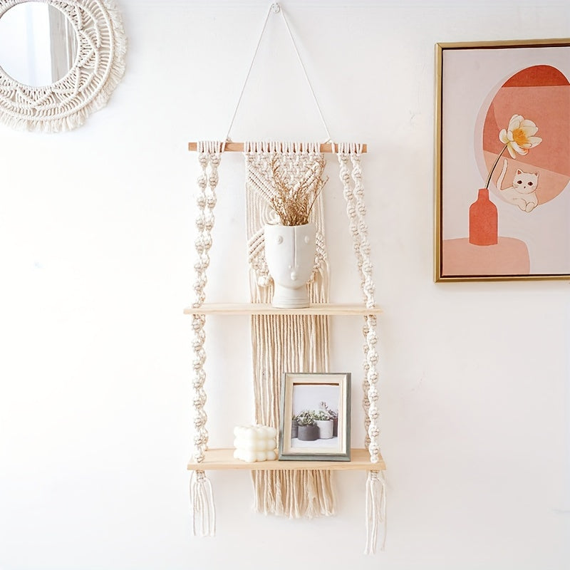 Boho Makramee-Wandregal mit zweistufigem Aufbewahrungsfach | Temsk