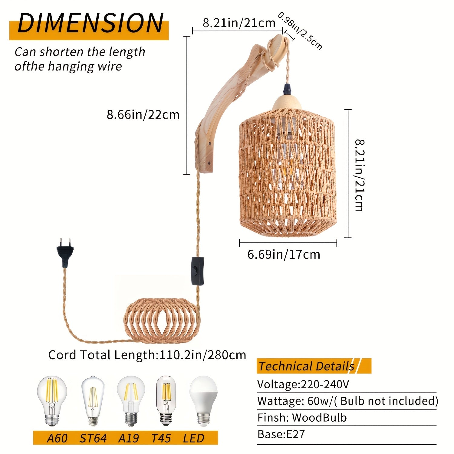 Boho Rattan- und Holz-Wandlampe mit handgewebtem Schirm, zum Einstecken | Temsk