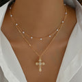Gold Layered Cross Necklace With Beaded Chain Pendant For Everyday Wear | Temsk