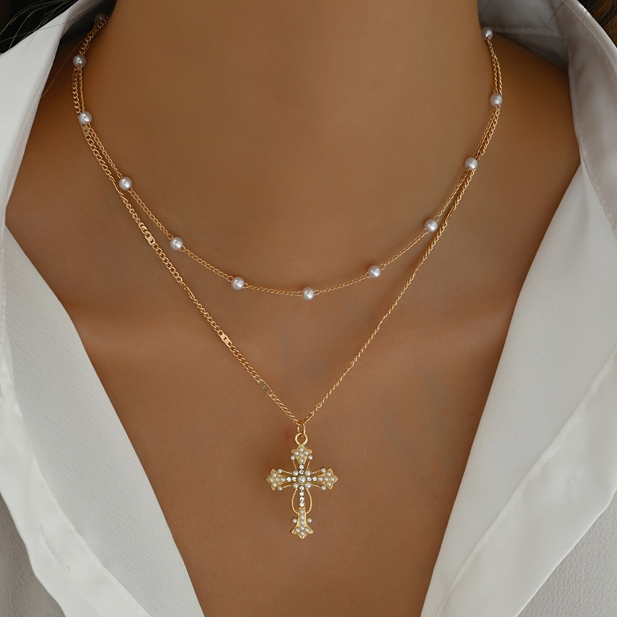 Gold Layered Cross Necklace With Beaded Chain Pendant For Everyday Wear | Temsk
