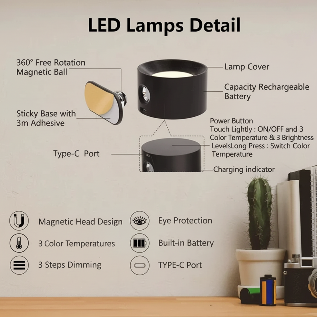 Verstellbare Wandleuchte mit magnetischer Halterung und wiederaufladbarer LED | Temsk