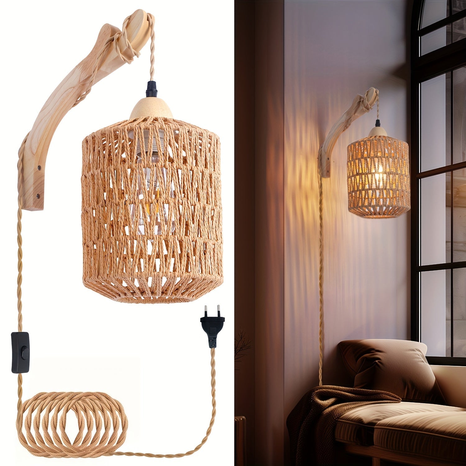 Boho Rattan- und Holz-Wandlampe mit handgewebtem Schirm, zum Einstecken | Temsk
