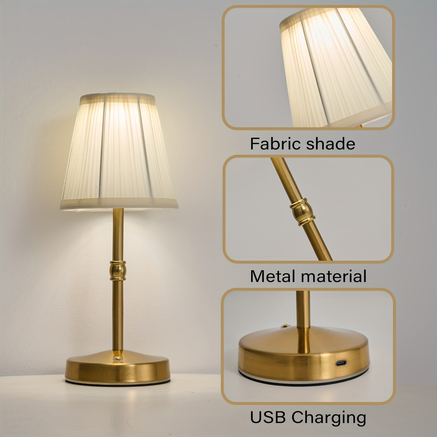 Kabellose Tischlampe mit berührungsempfindlichem LED-Licht in antikem Messing | Temsk