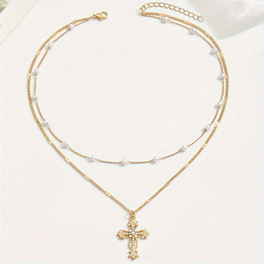 Gold Layered Cross Necklace With Beaded Chain Pendant For Everyday Wear | Temsk