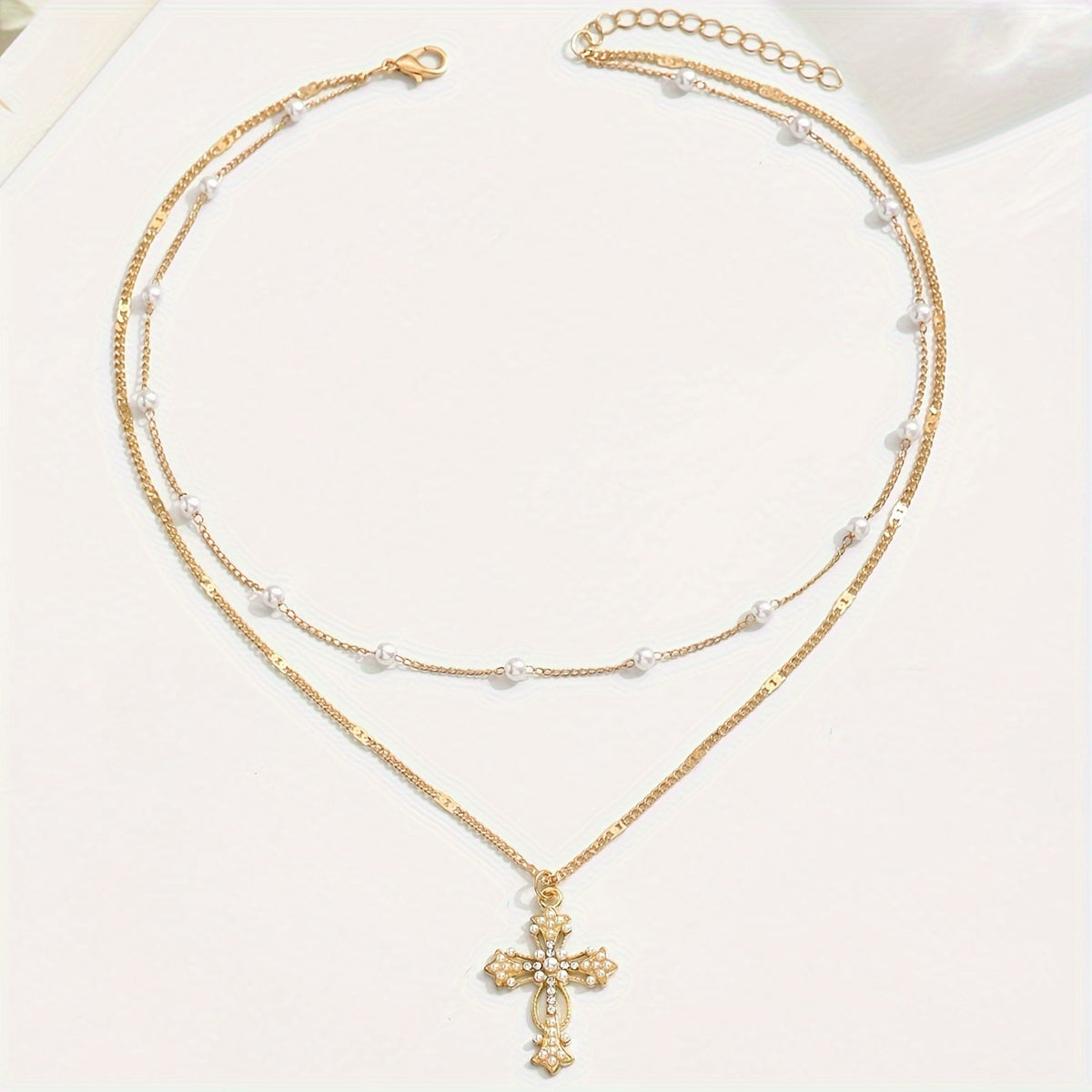 Gold Layered Cross Necklace With Beaded Chain Pendant For Everyday Wear | Temsk