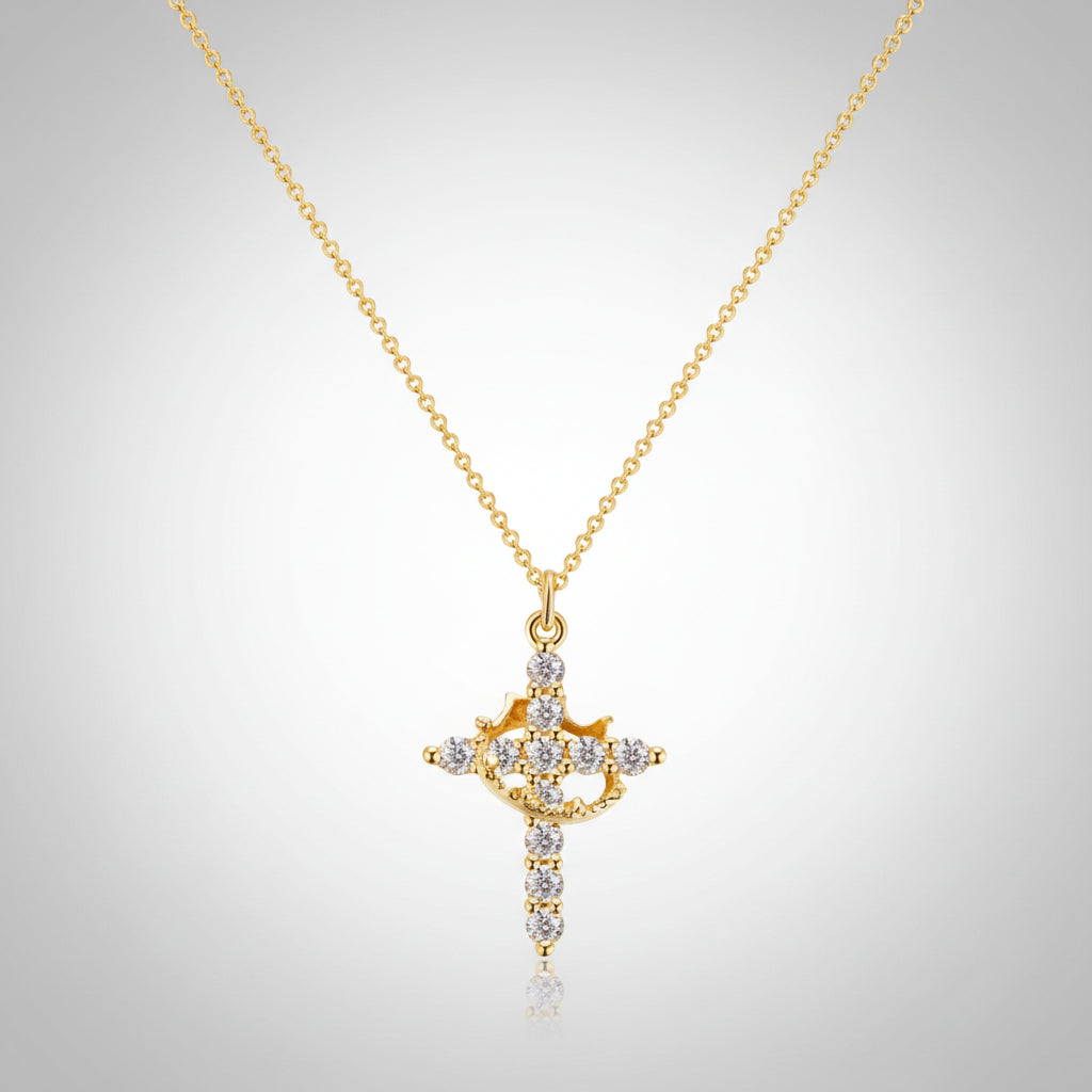 Kronen-Kreuz-Anhänger-Halskette in Gold oder Silber, Glaubensschmuck | Temsk