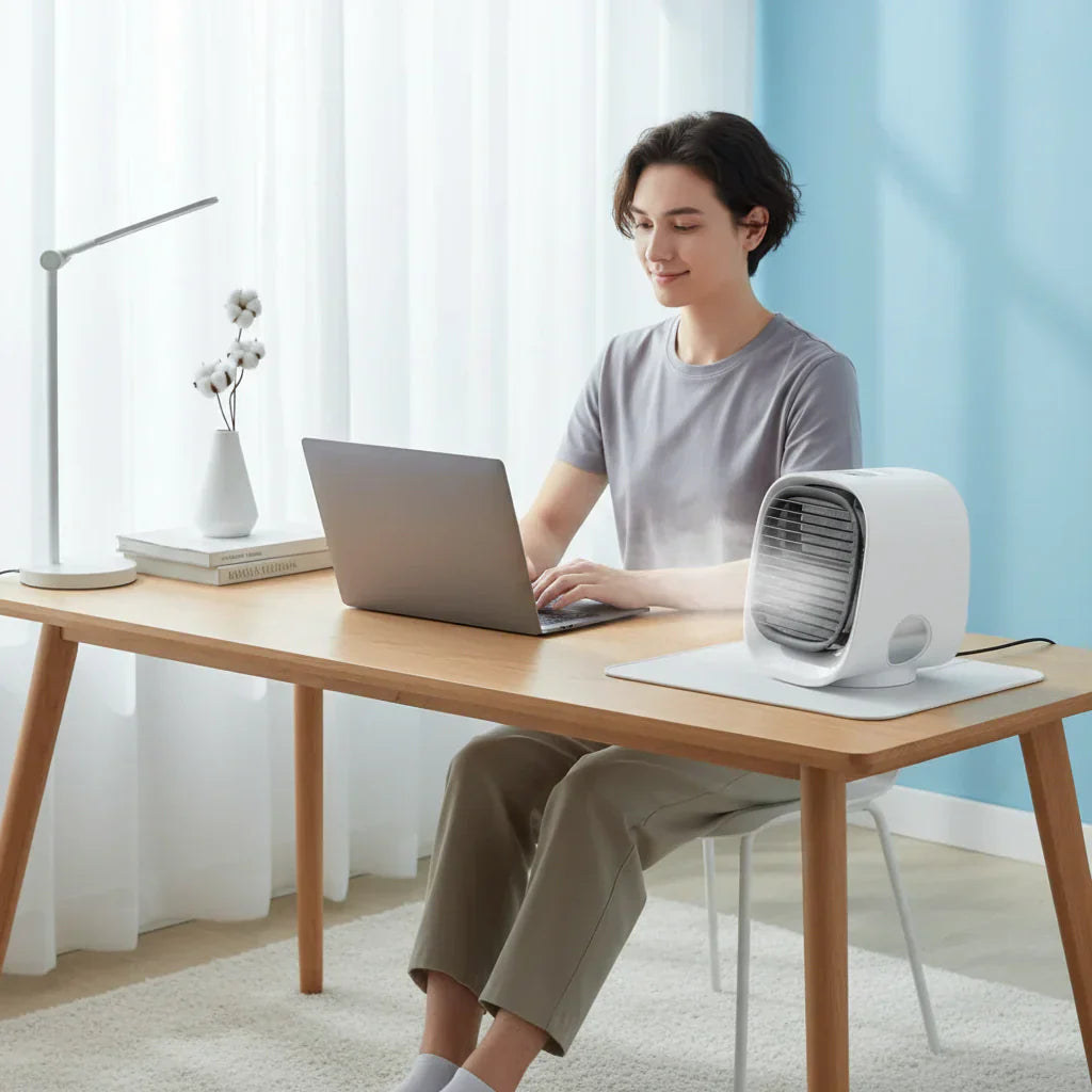 Verdunstungskühler Tischventilator mit USB-Nebel-Spray für Zuhause und Büro | Temsk