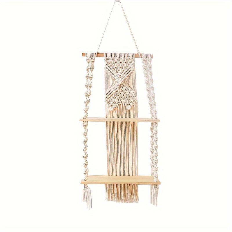 Boho Makramee-Wandregal mit zweistufigem Aufbewahrungsfach | Temsk
