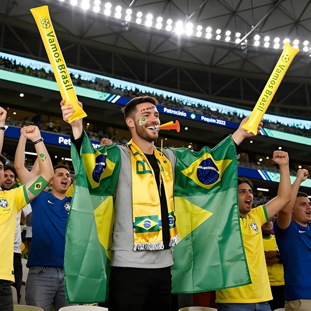 Brasilien-Flagge Fußball-Fan-Set mit Umhang, Schal und Tröte | Temsk
