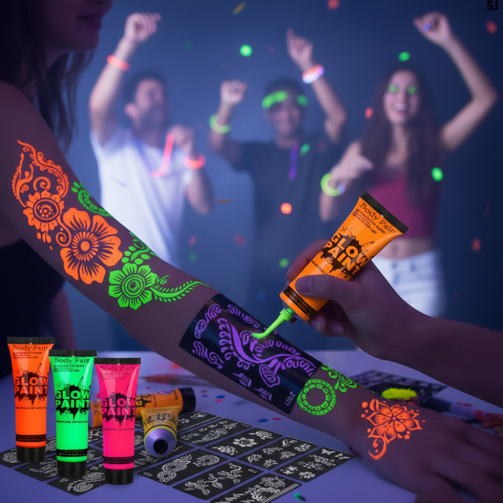 Sada UV svítící barvy na tělo pro párty, festivaly a akce | Temsk