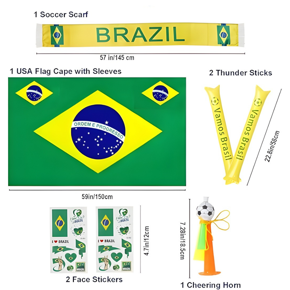 Brasilien-Flagge Fußball-Fan-Set mit Umhang, Schal und Tröte | Temsk