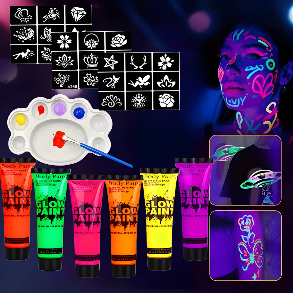 Sada UV svítící barvy na tělo pro párty, festivaly a akce | Temsk