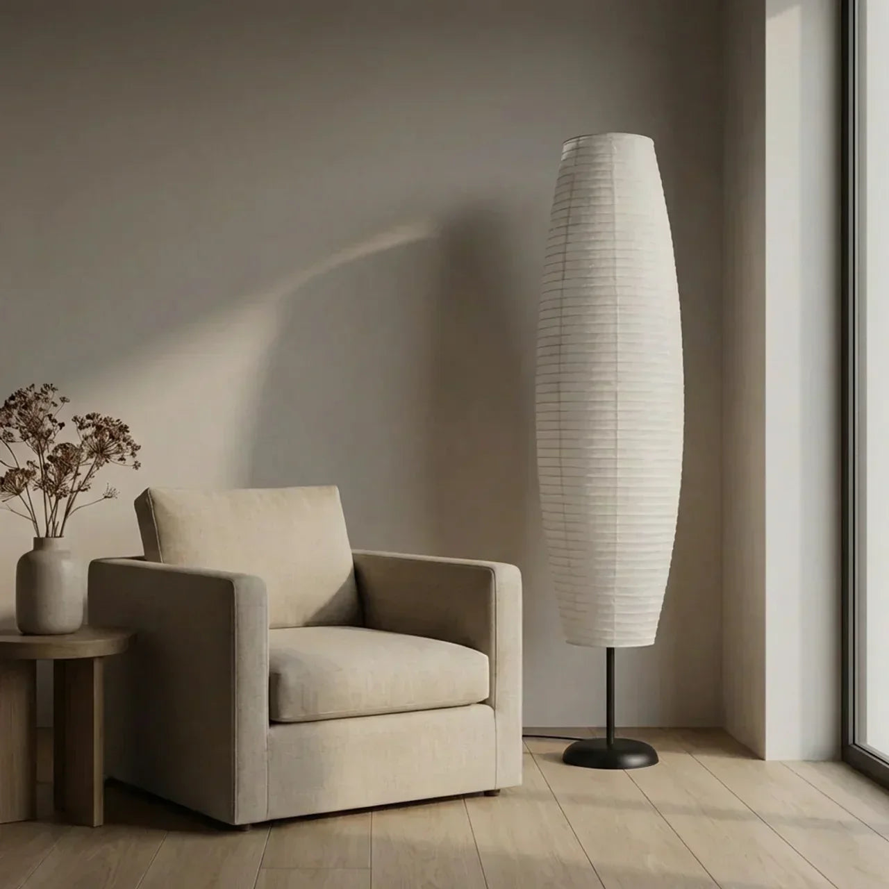 Rispapir søjle gulvlampe med dobbelt lysdesign | Temsk