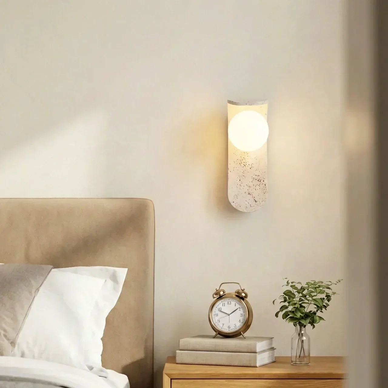 Glass Shade Travertine And Wood Wall Light For Interiors | Temsk
