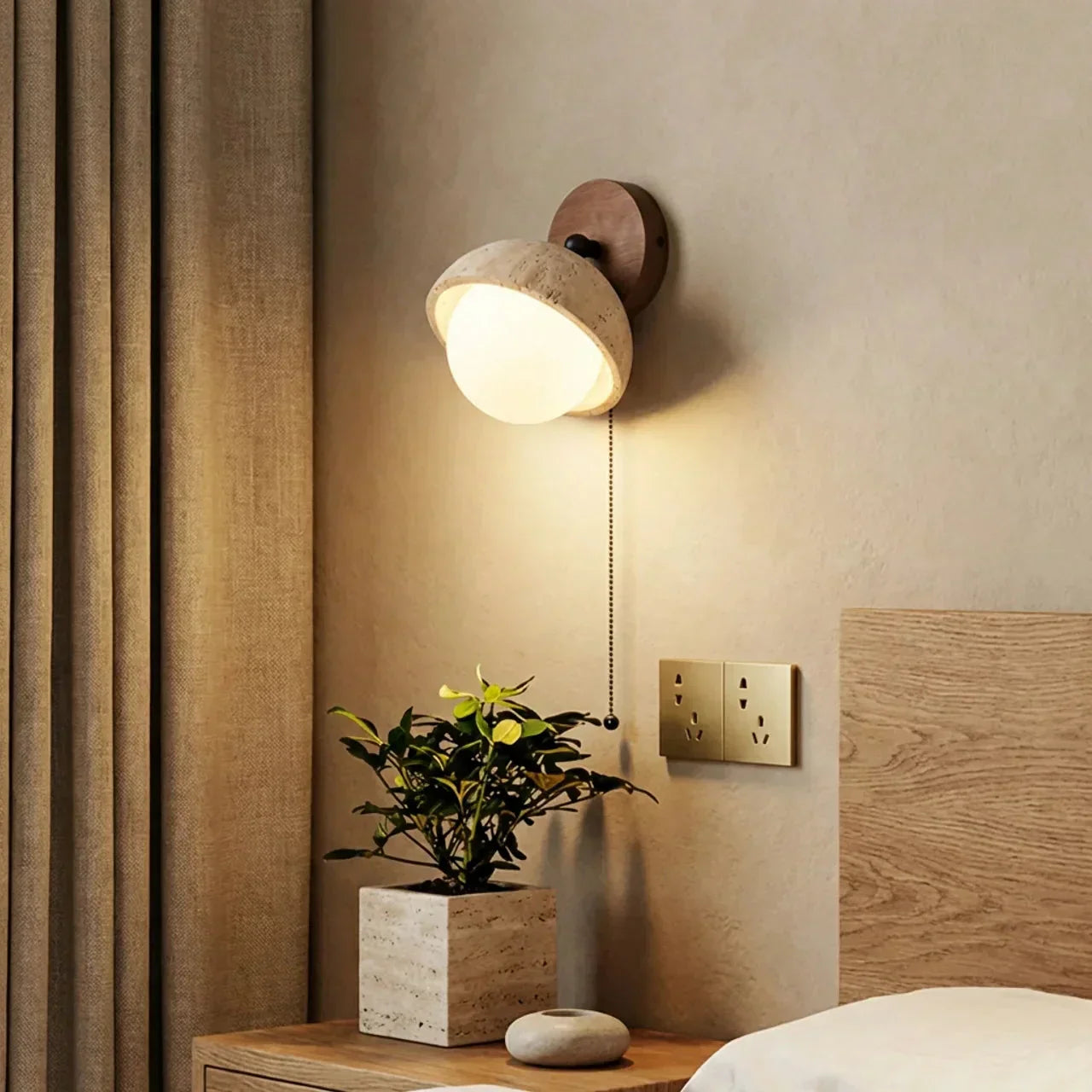 Travertine And Wood Indoor Wall Light Single Wall Mount For Ambient Lighting | Temsk