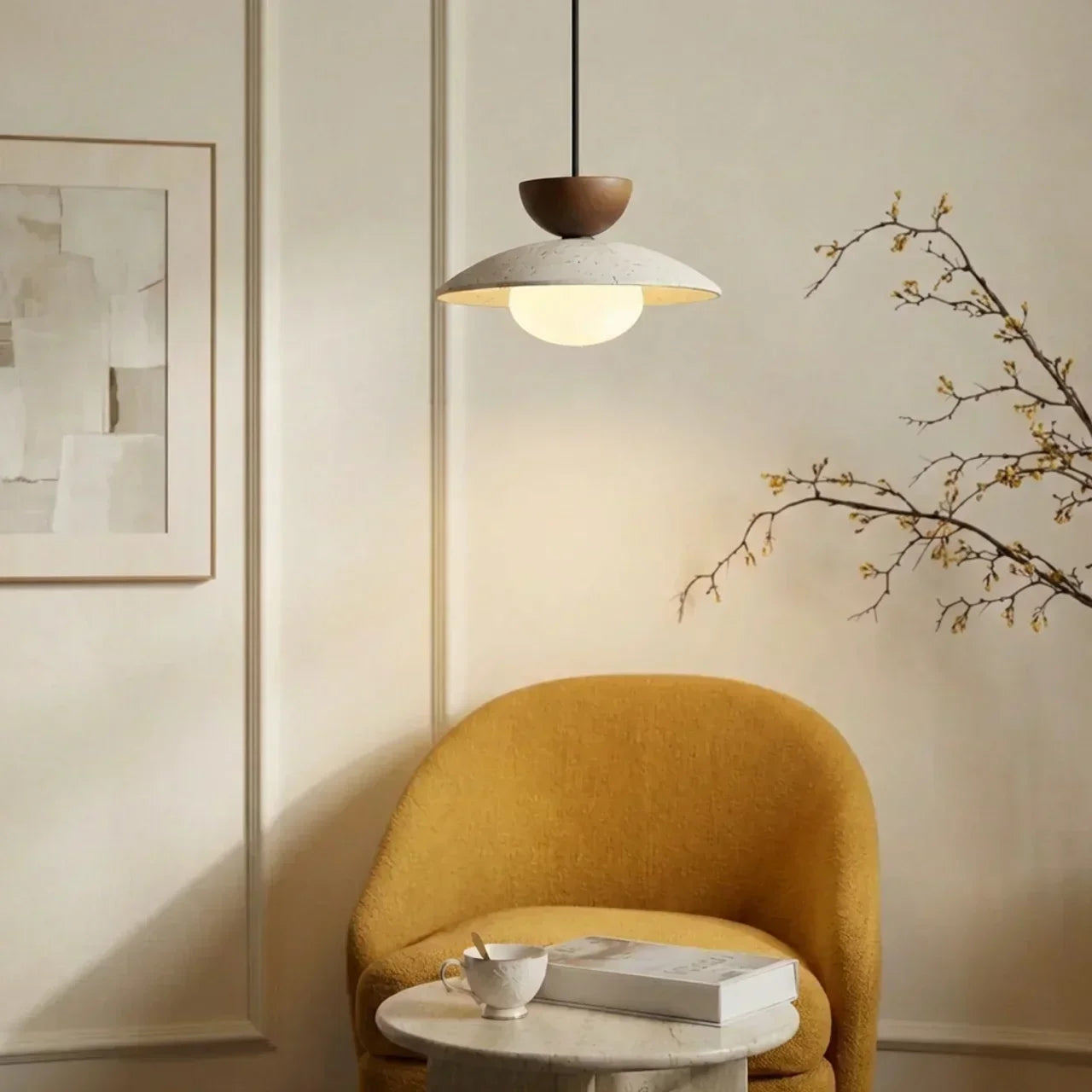 Wood Accent Pendant Light With Travertine And Glass | Temsk