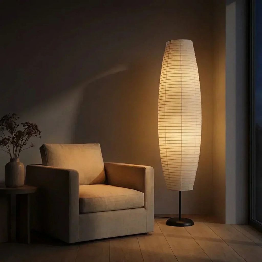 Rispapir søjle gulvlampe med dobbelt lysdesign | Temsk