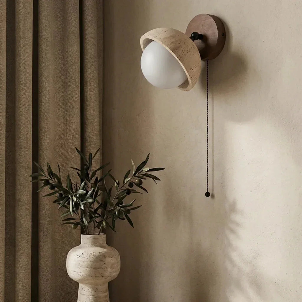 Travertine And Wood Indoor Wall Light Single Wall Mount For Ambient Lighting | Temsk