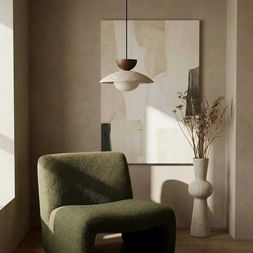 Wood Accent Pendant Light With Travertine And Glass | Temsk