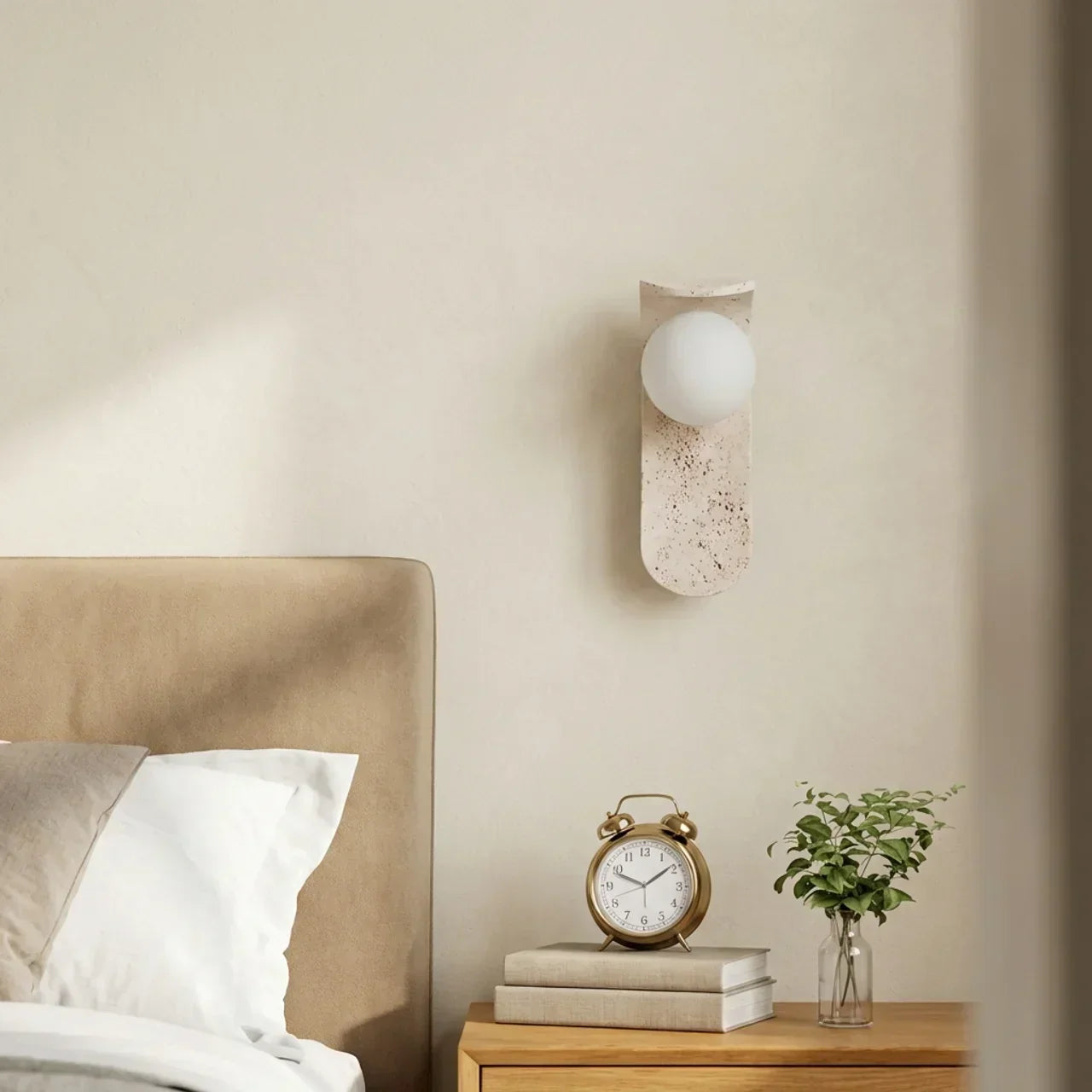 Glass Shade Travertine And Wood Wall Light For Interiors | Temsk