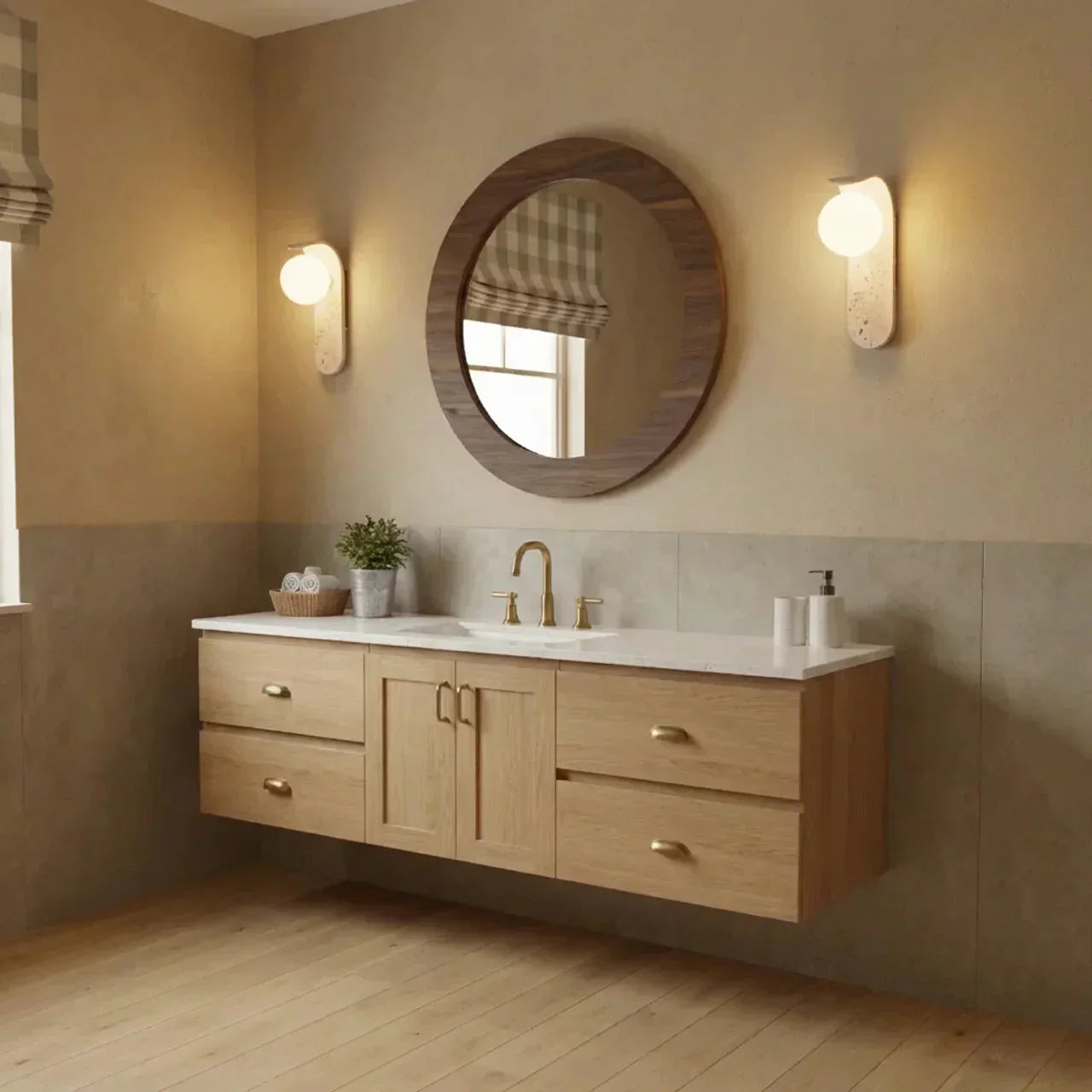 Glass Shade Travertine And Wood Wall Light For Interiors | Temsk