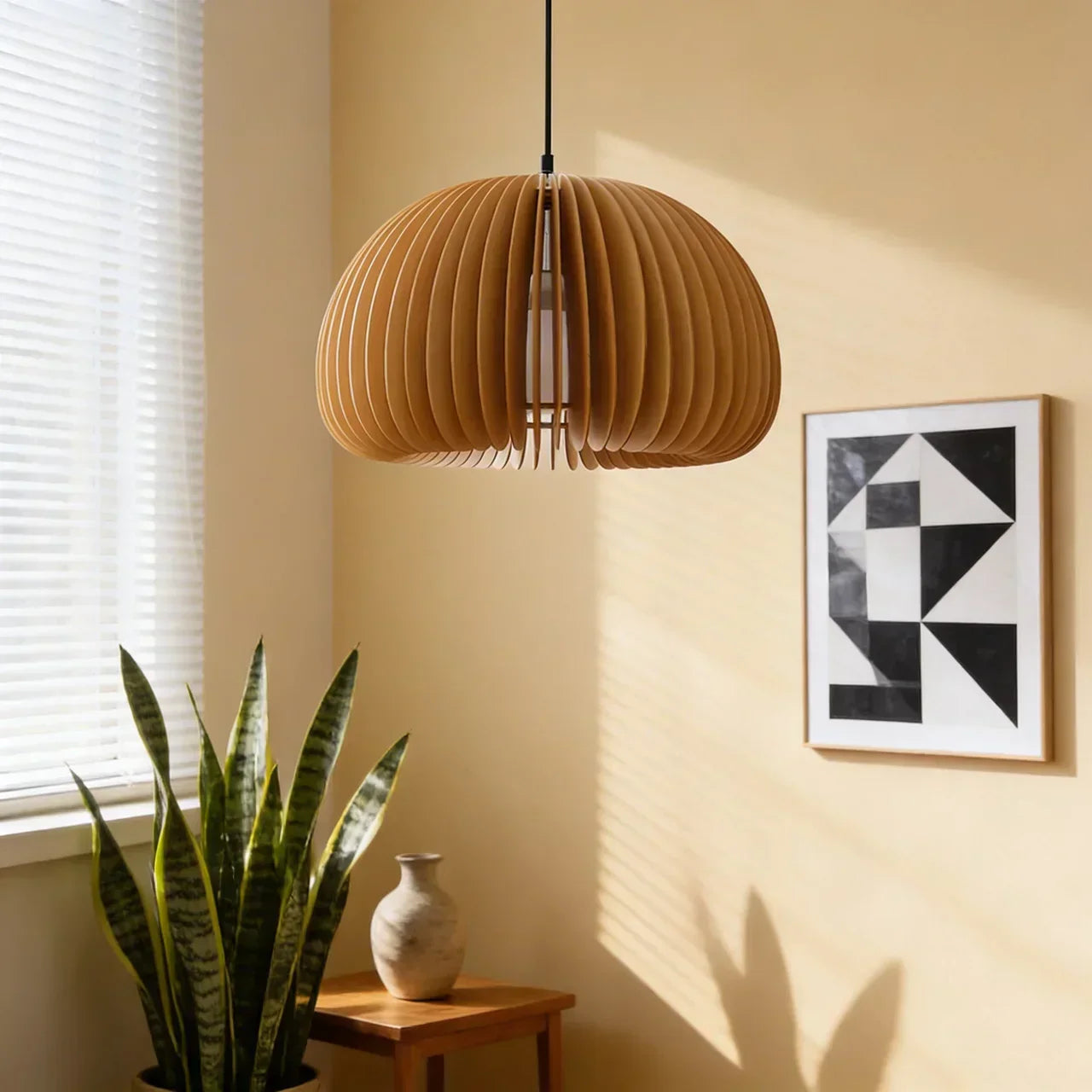 A Wood Pendant Light With Sculptural Rounded Shade | Temsk