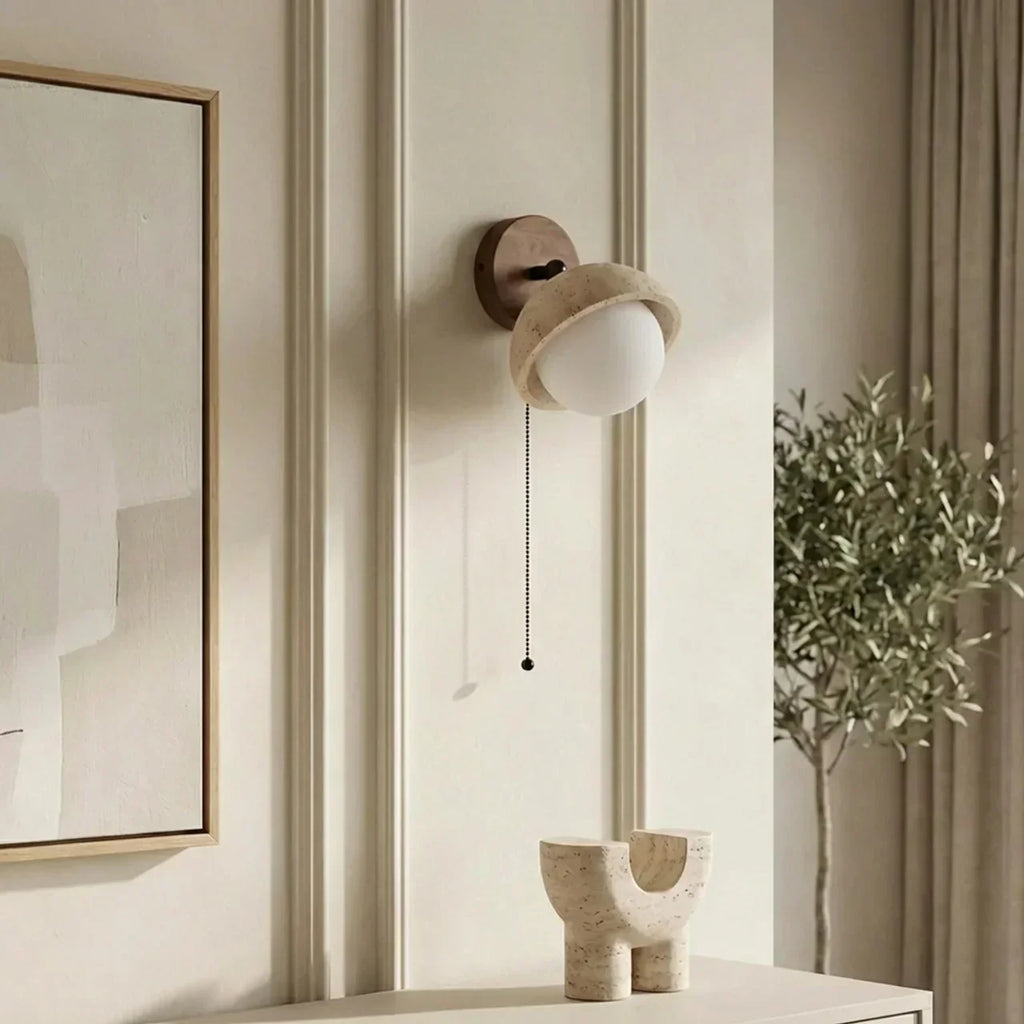 Travertine And Wood Indoor Wall Light Single Wall Mount For Ambient Lighting | Temsk