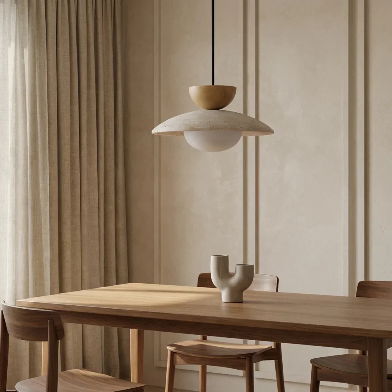 Wood Accent Pendant Light With Travertine And Glass | Temsk