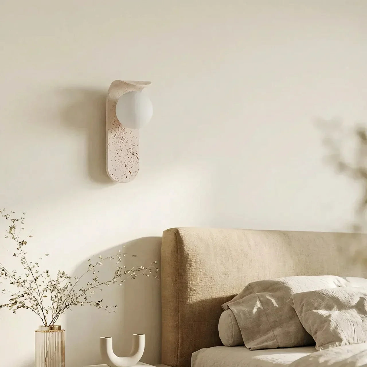 Glass Shade Travertine And Wood Wall Light For Interiors | Temsk