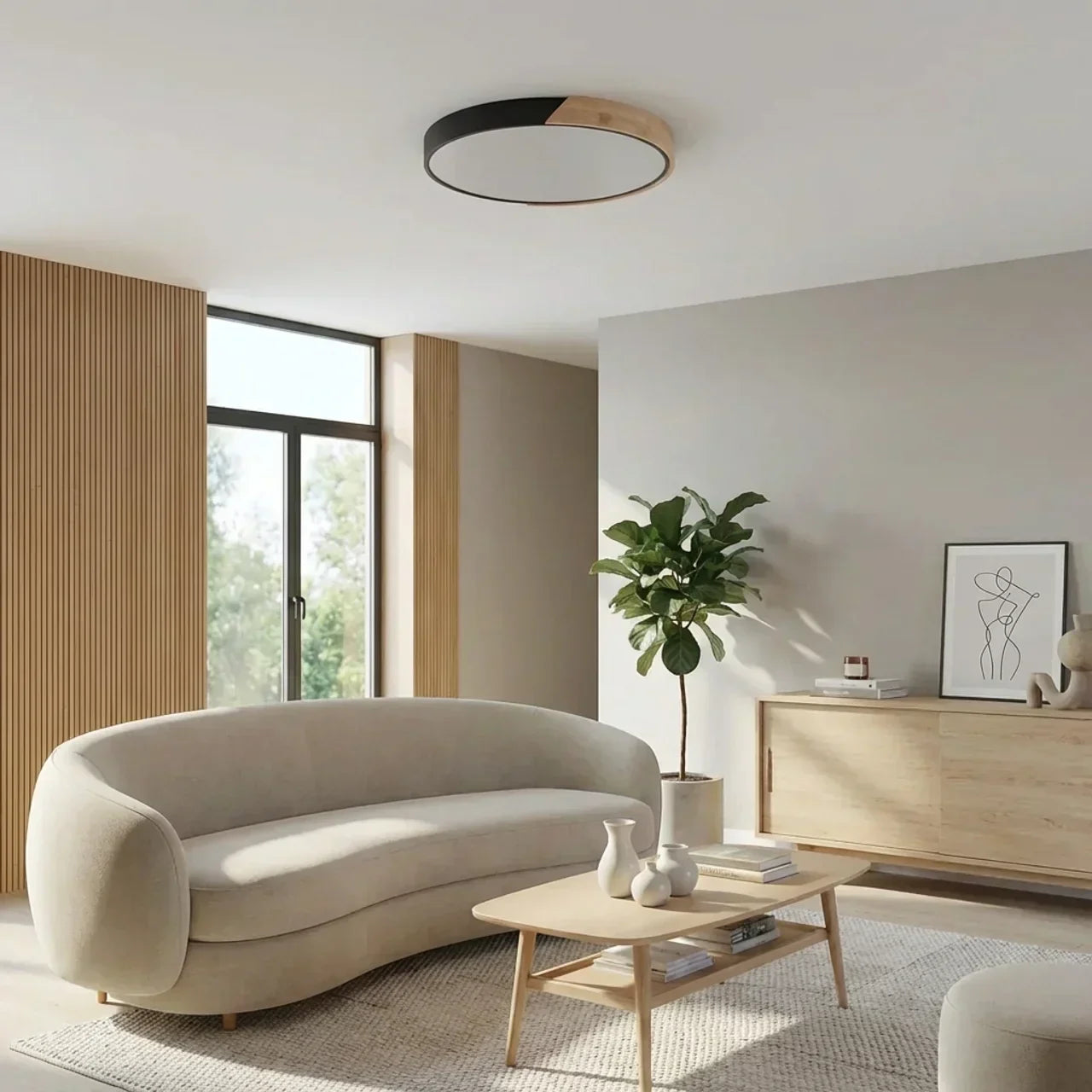 Round Wood Flush Mount LED Ceiling Light Design Fixture | Temsk