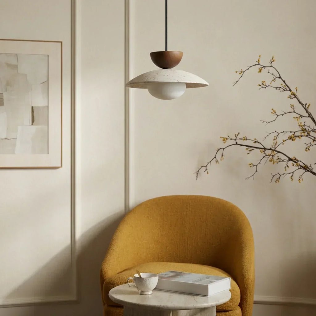 Wood Accent Pendant Light With Travertine And Glass | Temsk