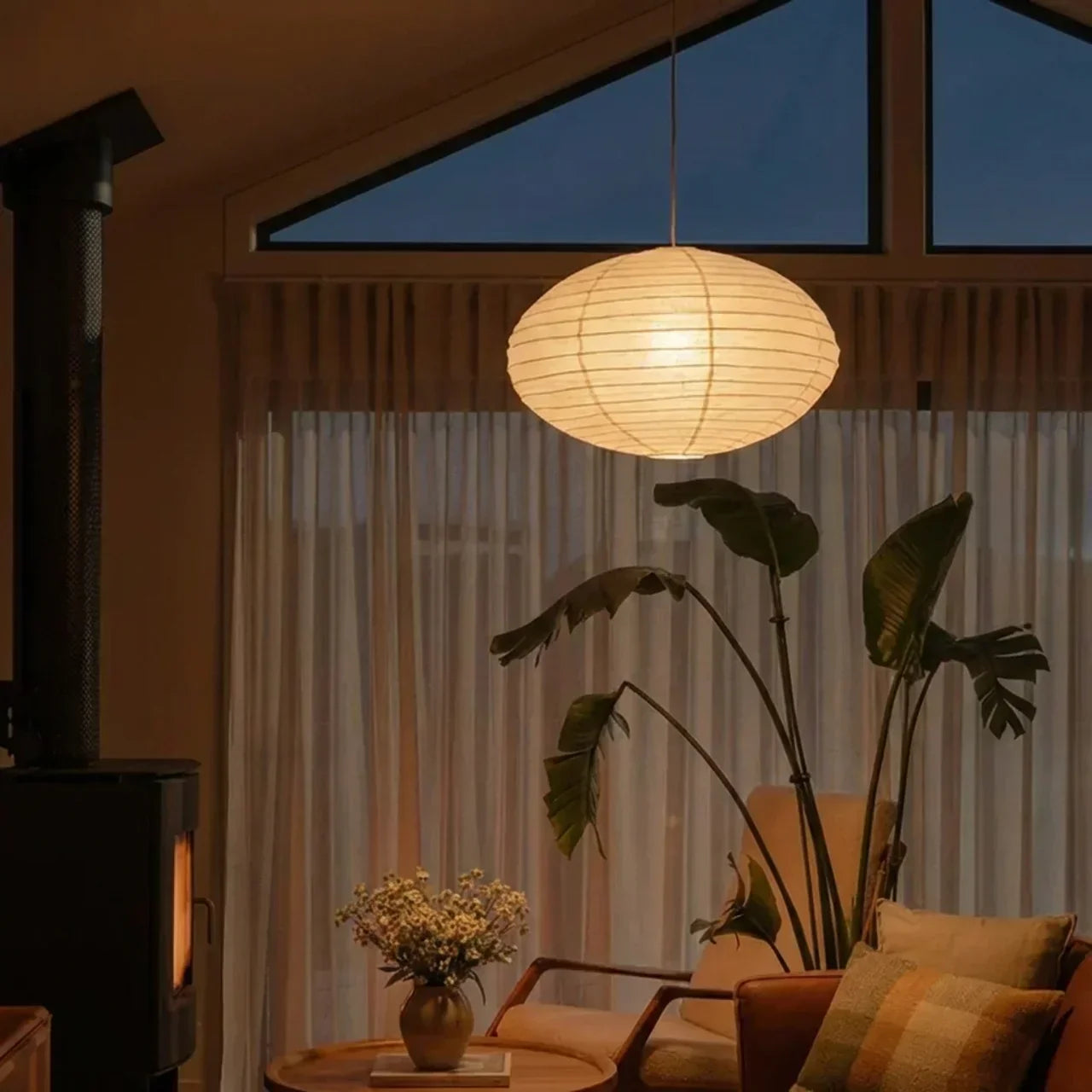 Rice Paper Pendant Light With Soft Oval Shade For Indoor Ceiling | Temsk