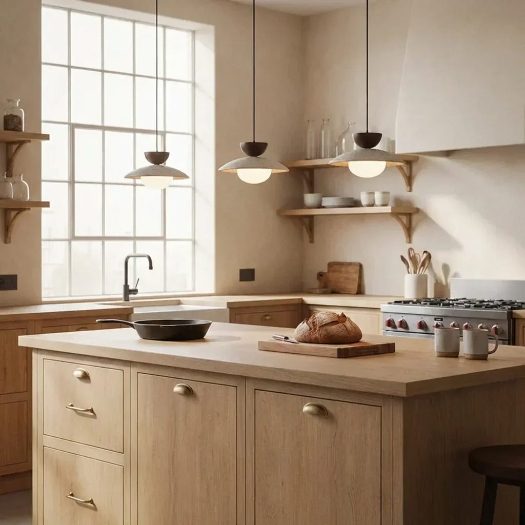 Wood Accent Pendant Light With Travertine And Glass | Temsk