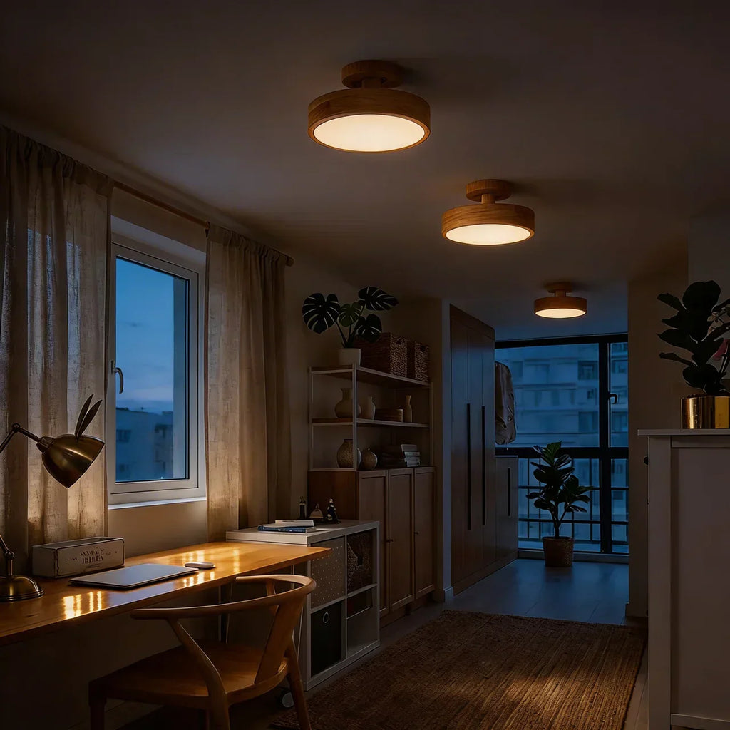 Wood Round LED Design Semi Flush Mount Ceiling Lighting | Temsk