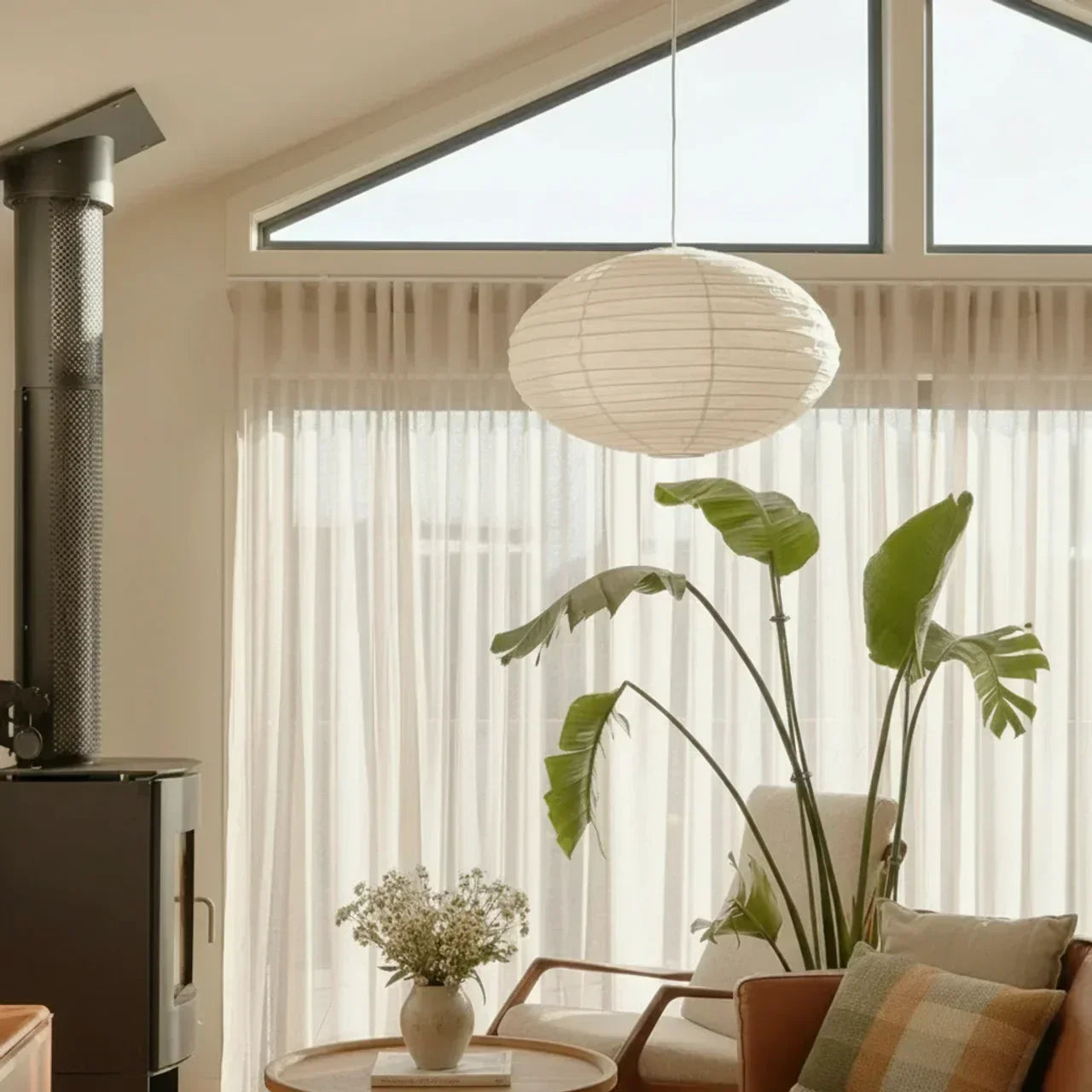 Rice Paper Pendant Light With Soft Oval Shade For Indoor Ceiling | Temsk
