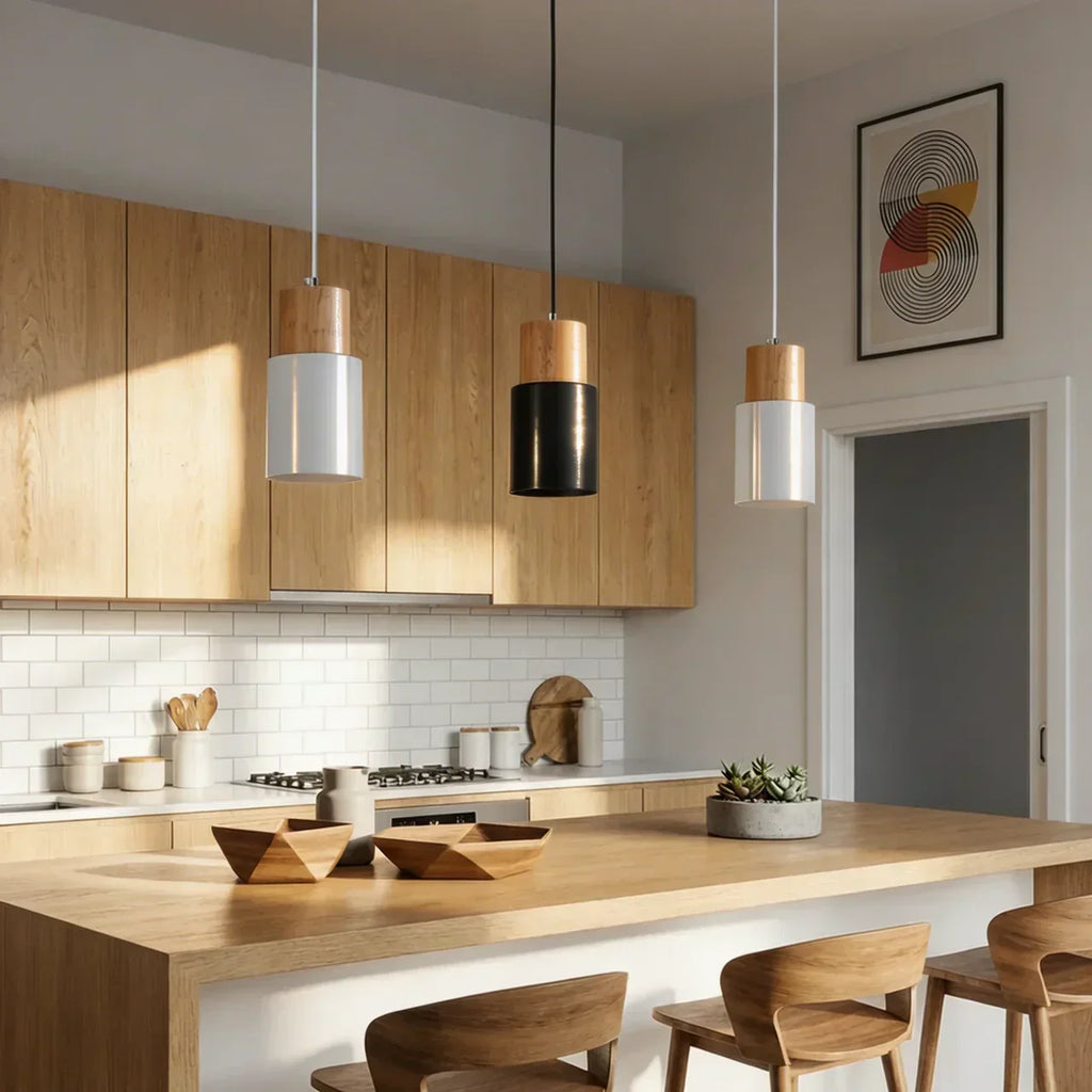 The Aluminium Cylinder Pendant Light With Wood Detail | Temsk