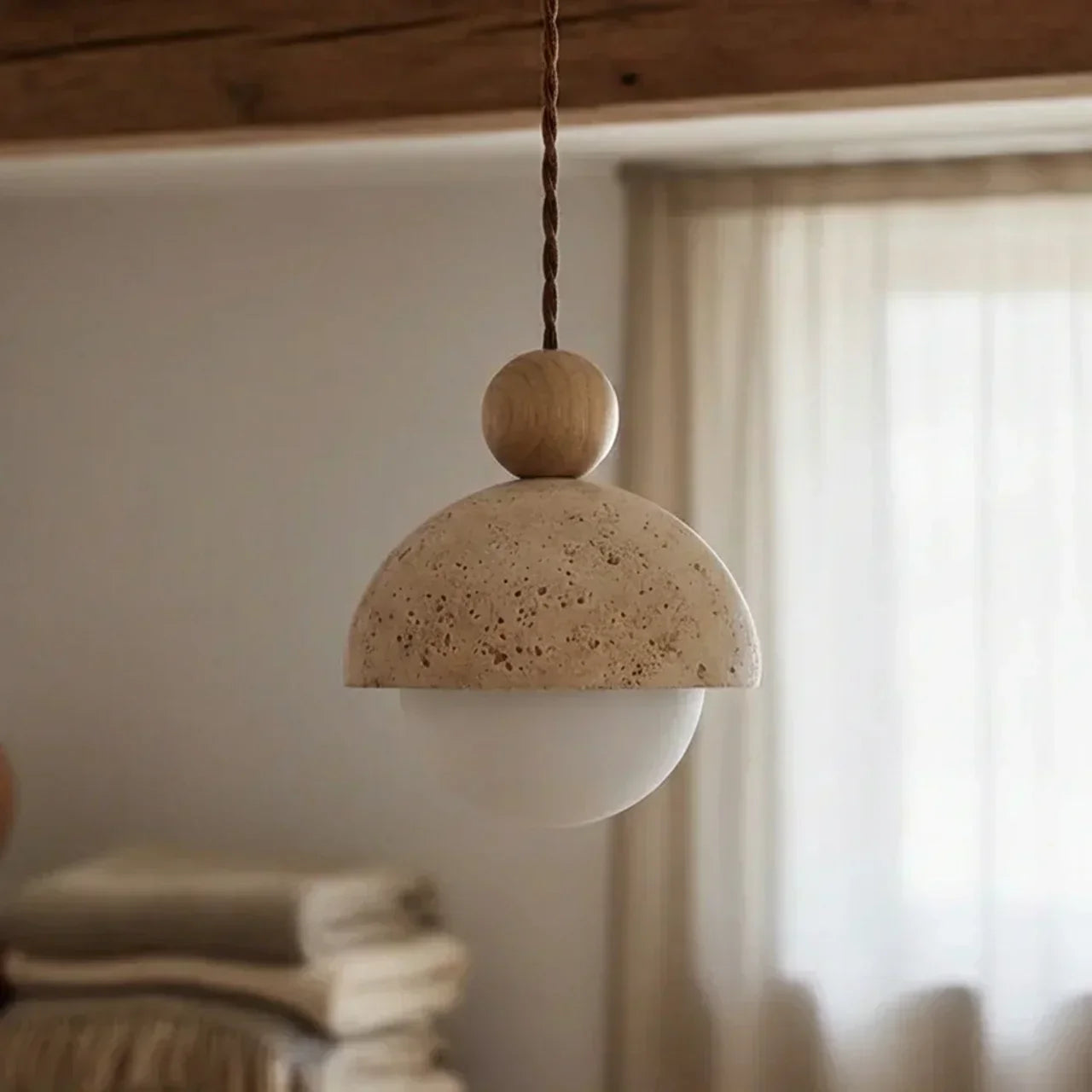 Travertine and Glass Pendant Light With Glass Shade | Temsk